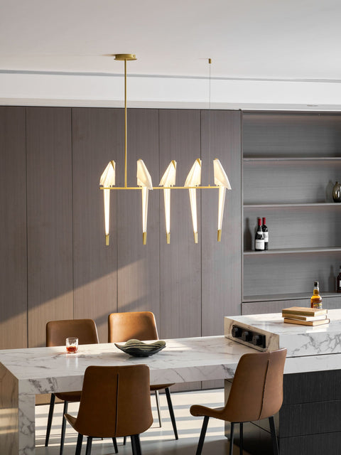 Chandelier with Origami Bird Shades and Branching Metal Frame