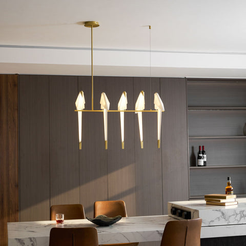 Chandelier with Origami Bird Shades and Branching Metal Frame