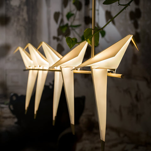 Chandelier with Origami Bird Shades and Branching Metal Frame