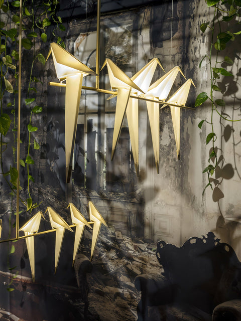 Chandelier with Origami Bird Shades and Branching Metal Frame