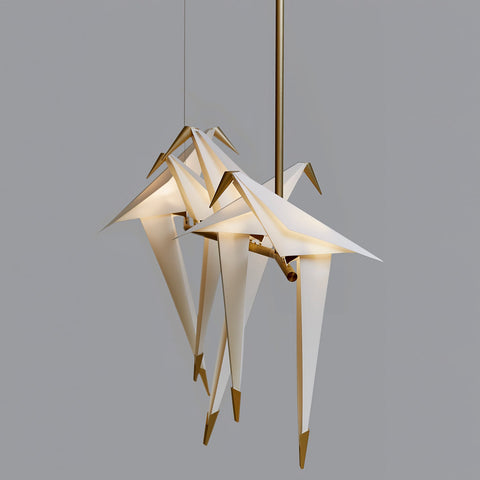 Chandelier with Origami Bird Shades and Branching Metal Frame