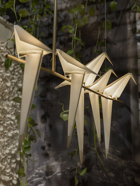 Chandelier with Origami Bird Shades and Branching Metal Frame