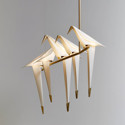 Chandelier with Origami Bird Shades and Branching Metal Frame
