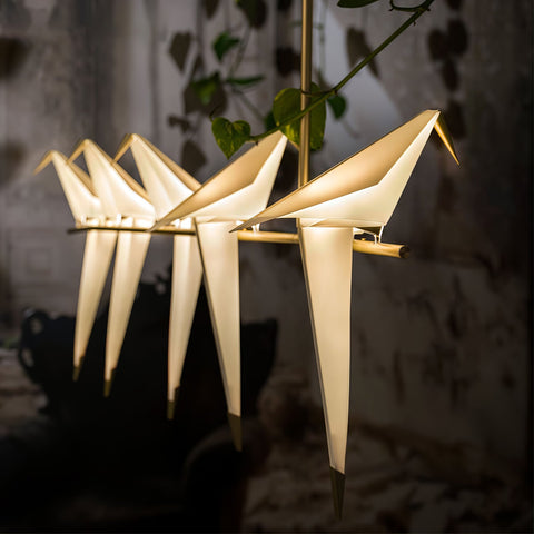 Chandelier with Origami Bird Shades and Branching Metal Frame