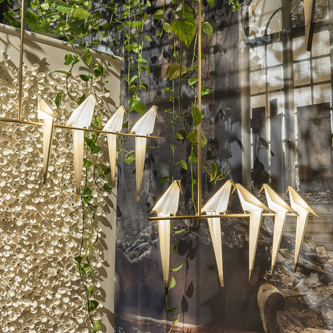 Chandelier with Origami Bird Shades and Branching Metal Frame