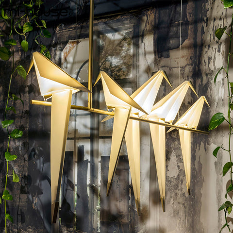 Chandelier with Origami Bird Shades and Branching Metal Frame