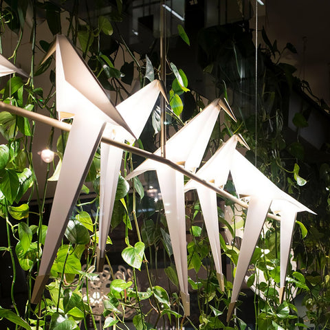 Chandelier with Origami Bird Shades and Branching Metal Frame