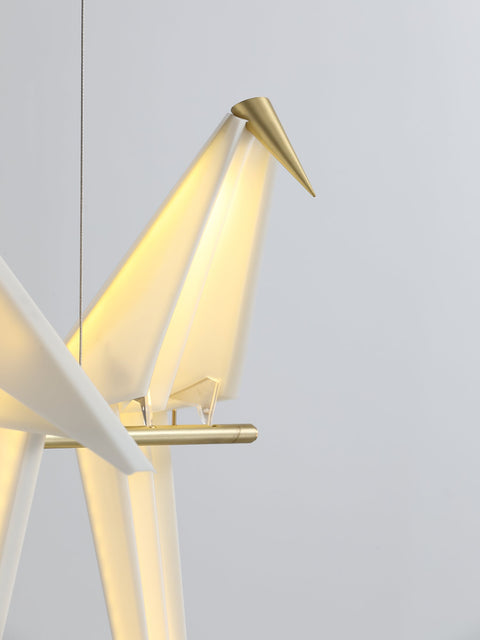 Chandelier with Origami Bird Shades and Branching Metal Frame