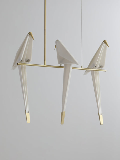Chandelier with Origami Bird Shades and Branching Metal Frame