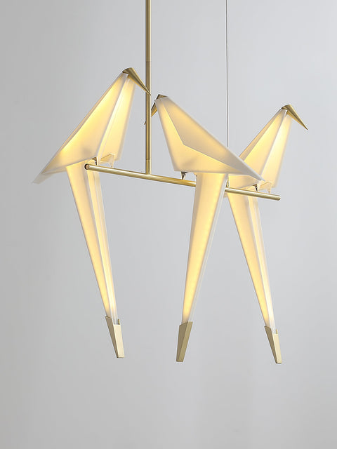 Chandelier with Origami Bird Shades and Branching Metal Frame