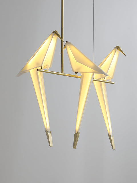 Chandelier with Origami Bird Shades and Branching Metal Frame