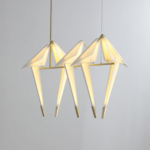 Chandelier with Origami Bird Shades and Branching Metal Frame