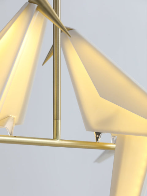 Chandelier with Origami Bird Shades and Branching Metal Frame