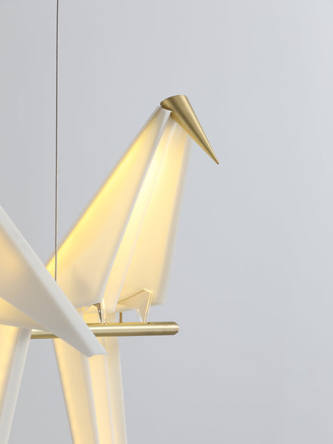 Chandelier with Origami Bird Shades and Branching Metal Frame