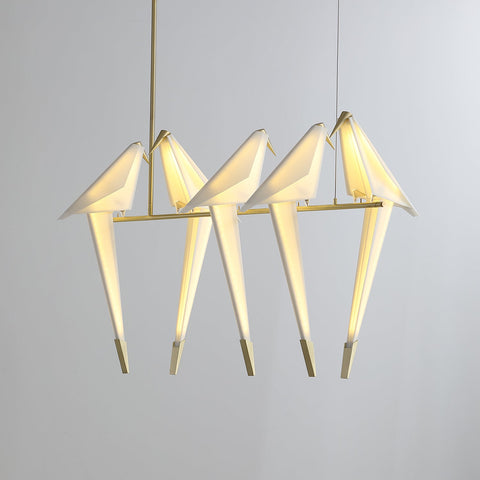 Chandelier with Origami Bird Shades and Branching Metal Frame
