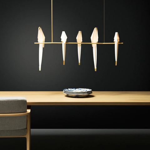 Chandelier with Origami Bird Shades and Branching Metal Frame