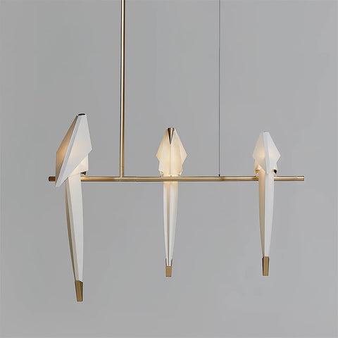 Chandelier with Origami Bird Shades and Branching Metal Frame