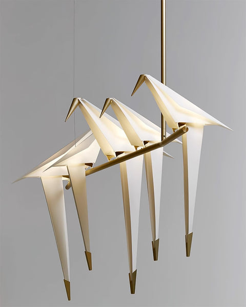 Chandelier with Origami Bird Shades and Branching Metal Frame