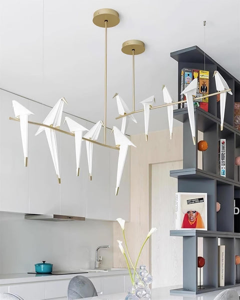 Chandelier with Origami Bird Shades and Branching Metal Frame