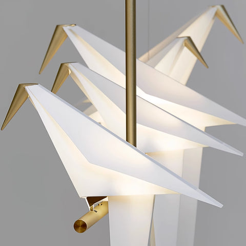 Chandelier with Origami Bird Shades and Branching Metal Frame