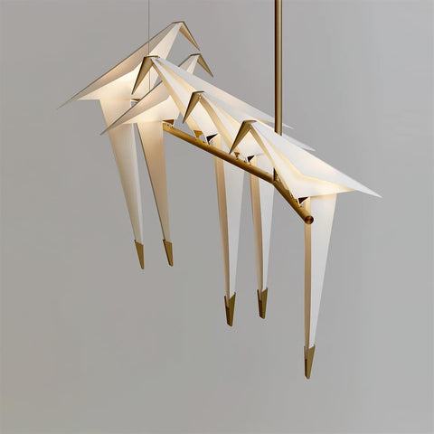 Chandelier with Origami Bird Shades and Branching Metal Frame