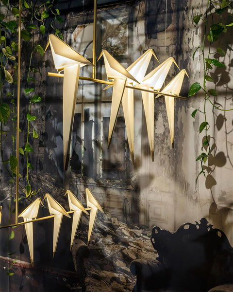 Chandelier with Origami Bird Shades and Branching Metal Frame