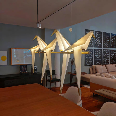 Chandelier with Origami Bird Shades and Branching Metal Frame