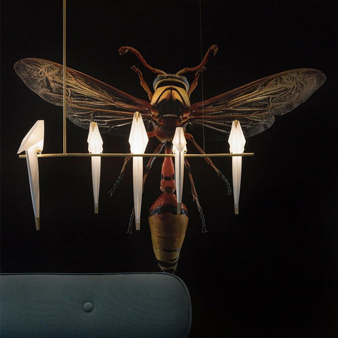 Chandelier with Origami Bird Shades and Branching Metal Frame