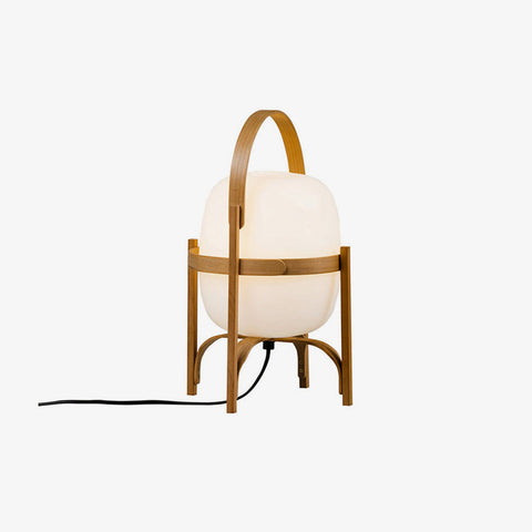 Lantern Table Lamp with Wooden Cage and Glass Shade
