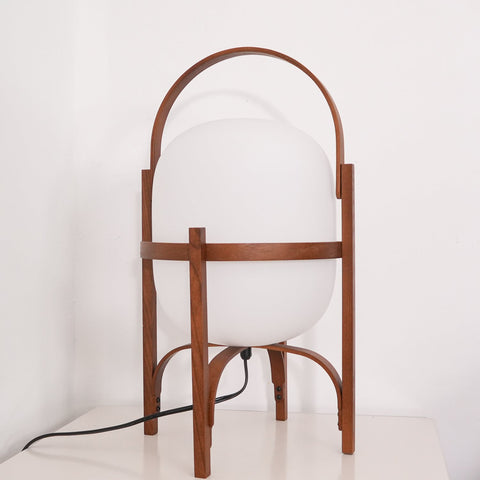 Lantern Table Lamp with Wooden Cage and Glass Shade