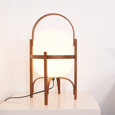 Lantern Table Lamp with Wooden Cage and Glass Shade