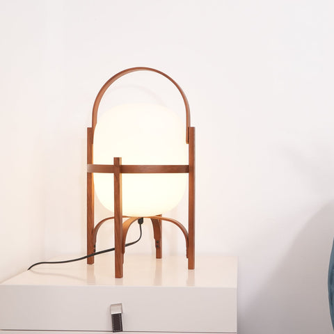 Lantern Table Lamp with Wooden Cage and Glass Shade