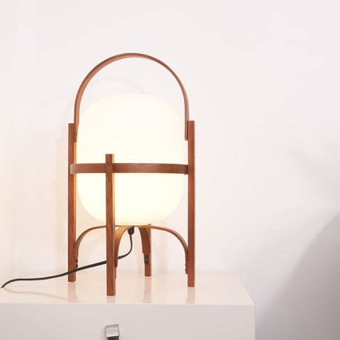 Lantern Table Lamp with Wooden Cage and Glass Shade