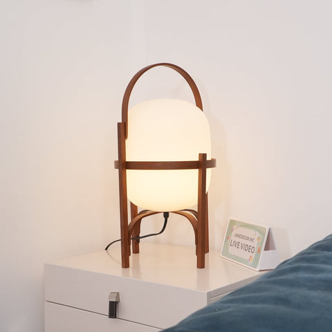 Lantern Table Lamp with Wooden Cage and Glass Shade