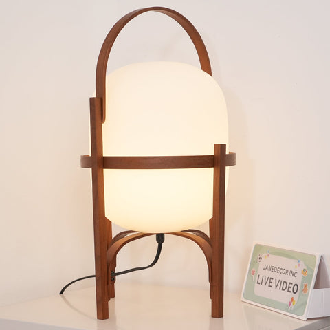 Lantern Table Lamp with Wooden Cage and Glass Shade