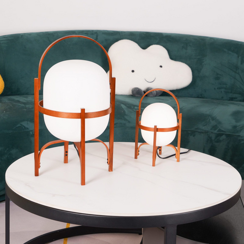 Lantern Table Lamp with Wooden Cage and Glass Shade