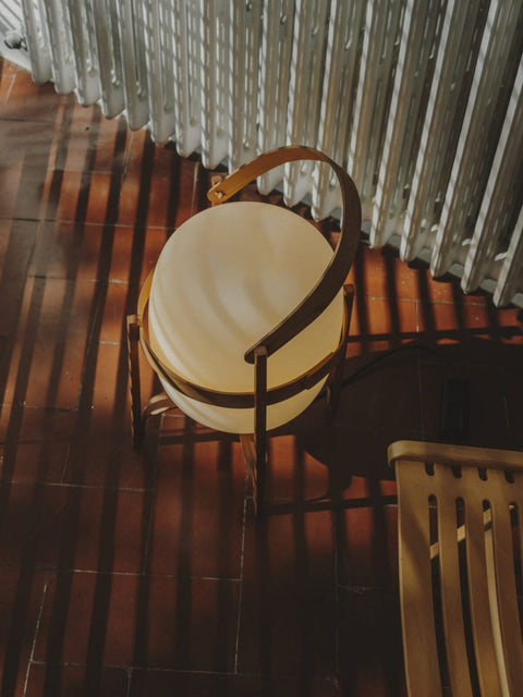 Lantern Table Lamp with Wooden Cage and Glass Shade