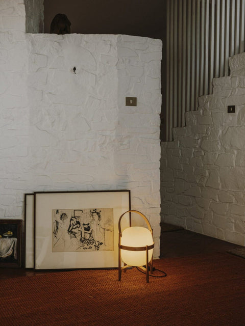 Lantern Table Lamp with Wooden Cage and Glass Shade
