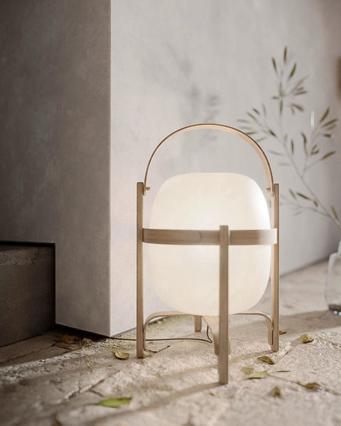 Lantern Table Lamp with Wooden Cage and Glass Shade