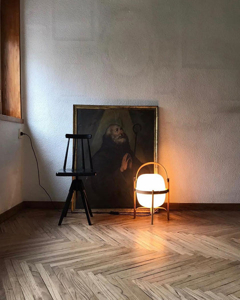 Lantern Table Lamp with Wooden Cage and Glass Shade