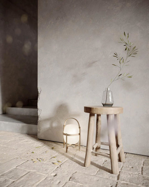 Lantern Table Lamp with Wooden Cage and Glass Shade