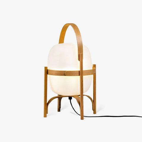 Lantern Table Lamp with Wooden Cage and Glass Shade