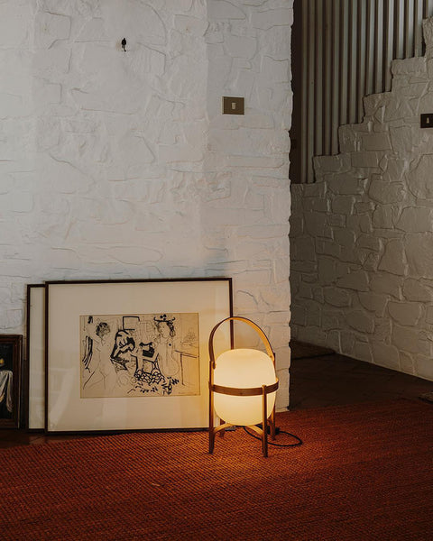 Lantern Table Lamp with Wooden Cage and Glass Shade