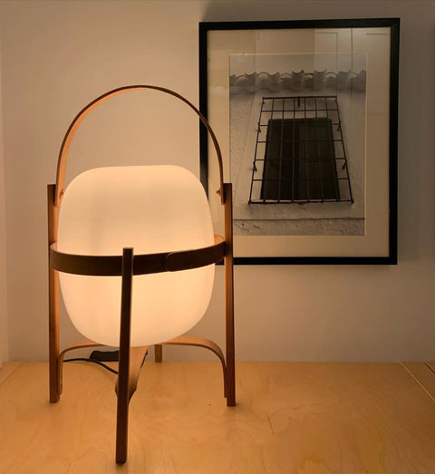 Lantern Table Lamp with Wooden Cage and Glass Shade