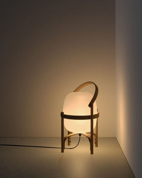Lantern Table Lamp with Wooden Cage and Glass Shade