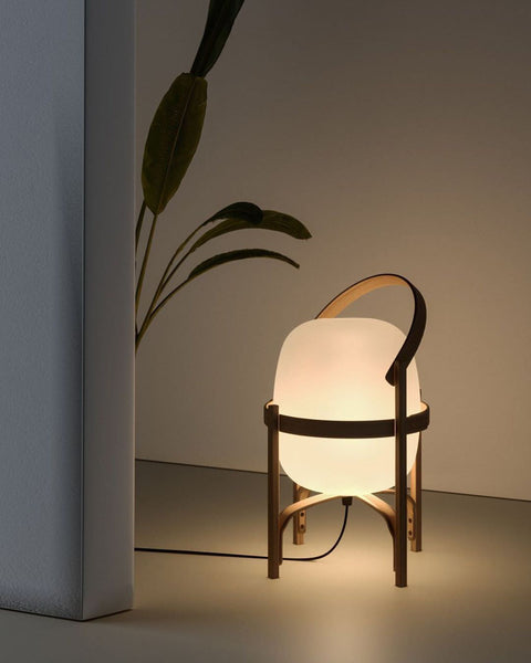 Lantern Table Lamp with Wooden Cage and Glass Shade