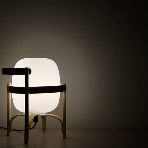 Lantern Table Lamp with Wooden Cage and Glass Shade
