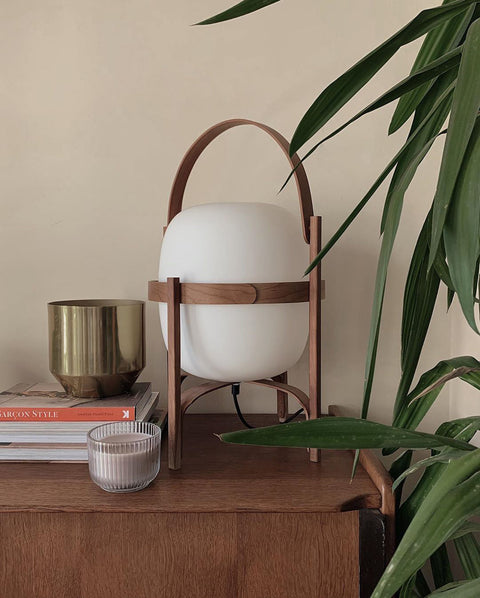 Lantern Table Lamp with Wooden Cage and Glass Shade