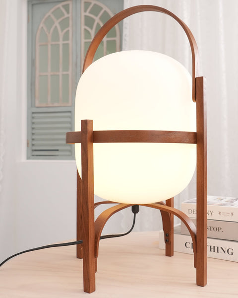 Lantern Table Lamp with Wooden Cage and Glass Shade