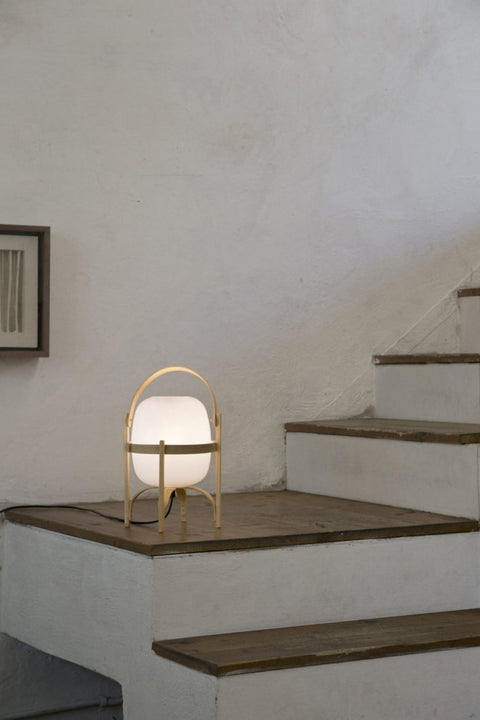 Lantern Table Lamp with Wooden Cage and Glass Shade